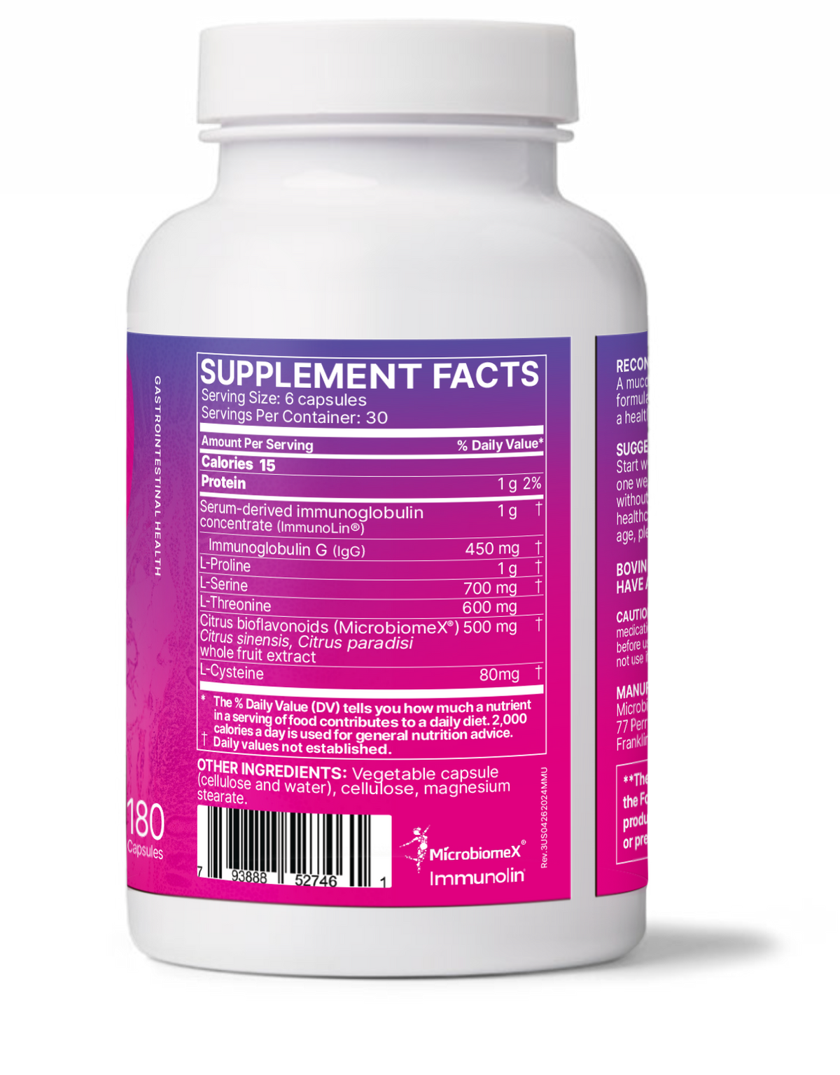 MegaMucosa supplement facts showing Immune and Mucosal Barrier Support ingredients in capsule form.