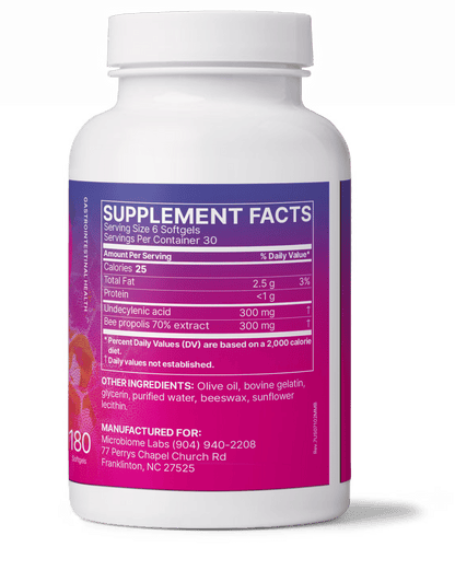 Supplement facts for Mega MycoBalance with Bee propolis with Undecylenic Acid showing ingredients and nutritional information.