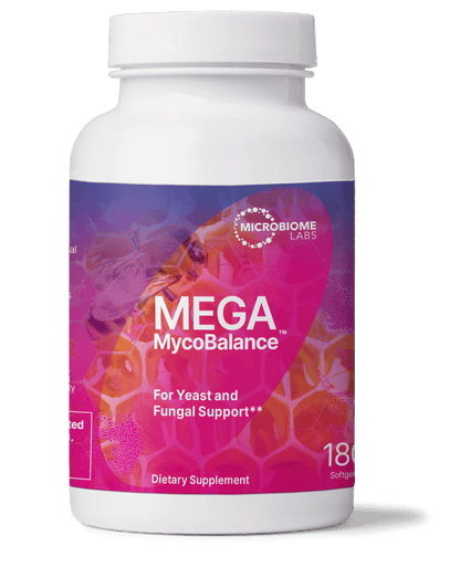 Mega MycoBalance supplement bottle with Bee propolis with Undecylenic Acid for microbial support.