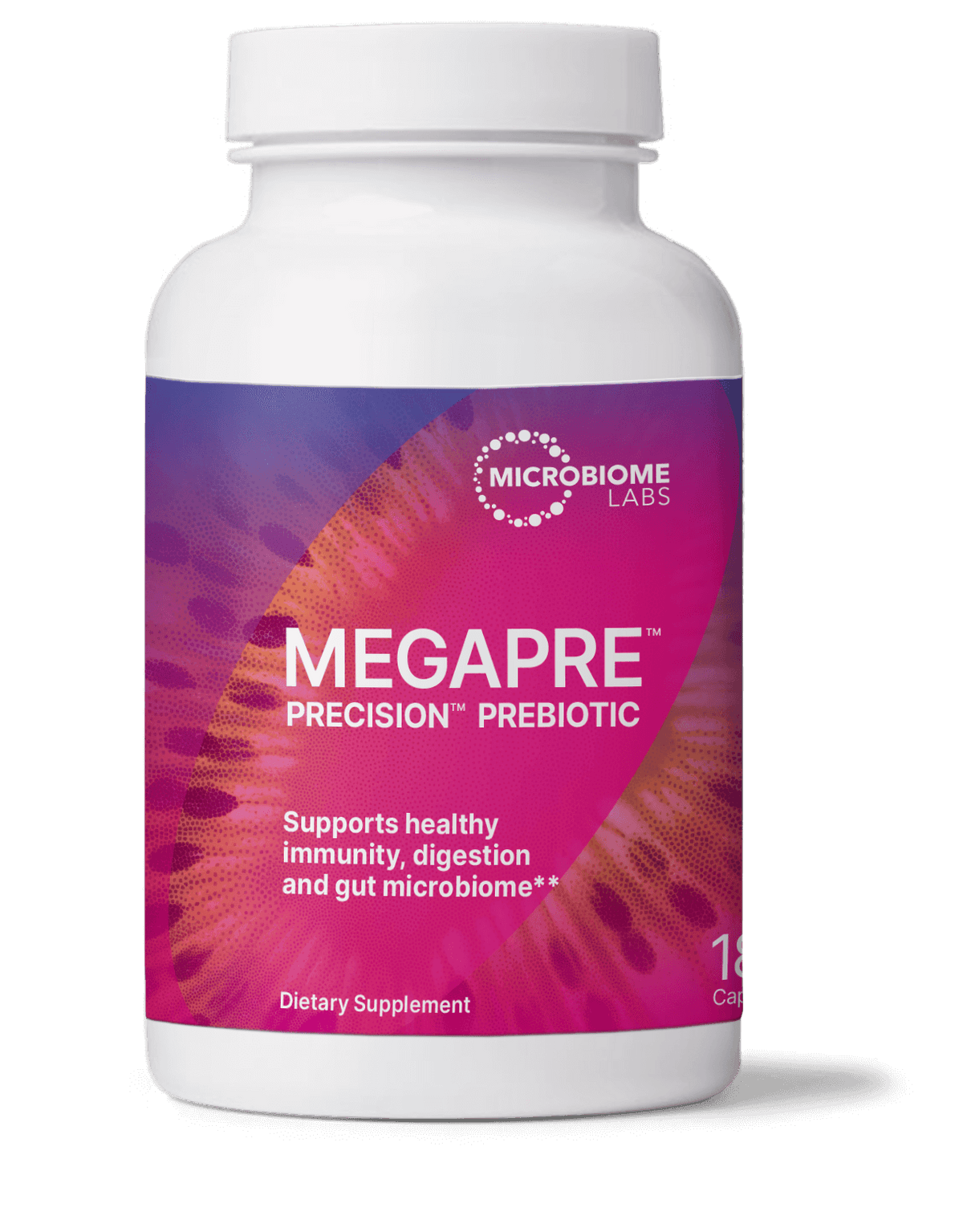 MegaPre Precision Prebiotics for Microbiome Diversity and Digestive Health dietary supplement bottle.