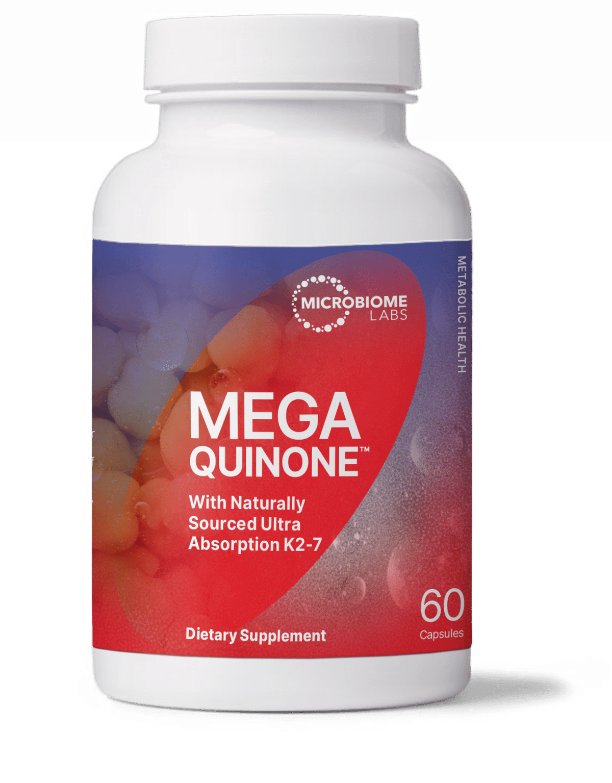 MegaQuinone Full Spectrum Vitamin K1 and K2 Supplement bottle with 60 capsules from Microbiome Labs.