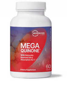 MegaQuinone Full Spectrum Vitamin K1 and K2 Supplement bottle with 60 capsules from Microbiome Labs.