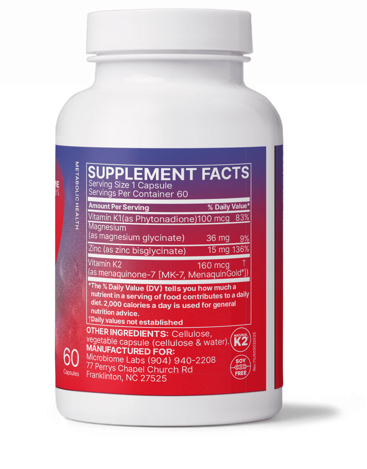 MegaQuinone Full Spectrum Vitamin K1 and K2 Supplement nutrition label showing supplement facts.