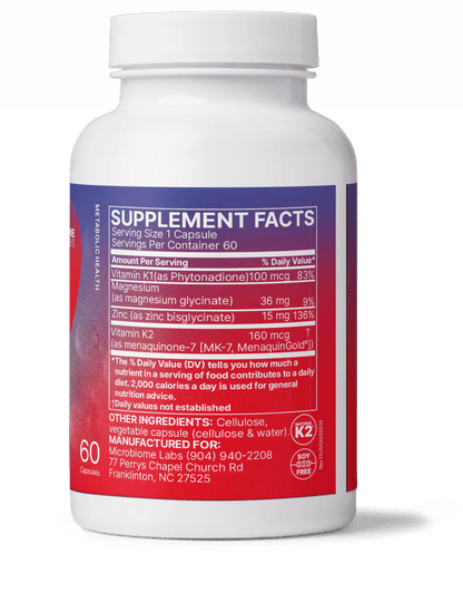 MegaQuinone Full Spectrum Vitamin K1 and K2 Supplement nutrition label showing supplement facts.