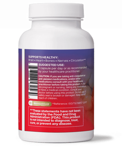 MegaQuinone Full Spectrum Vitamin K1 and K2 Supplement bottle with dosage instructions and health benefits listed.