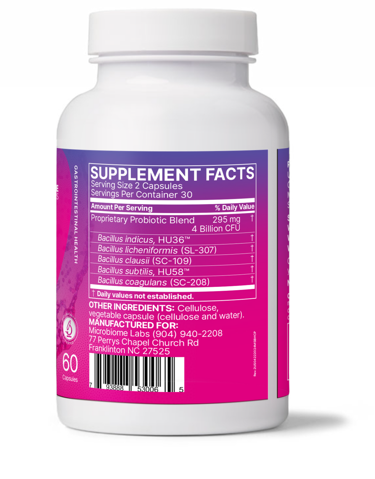 MegaSporeBiotic supplement facts label showing spore based probiotic for microbiome diversity ingredients and dosage.