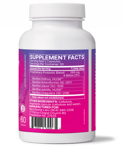 MegaSporeBiotic supplement facts label showing spore based probiotic for microbiome diversity ingredients and dosage.