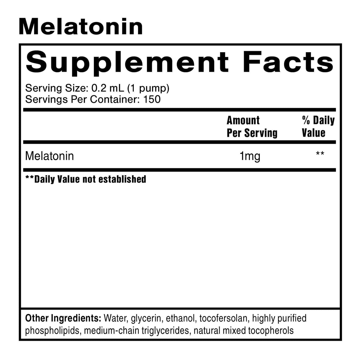 Melatonin supplement facts label showing dosage and ingredients for Nanoemulsified Sleep Supplement.