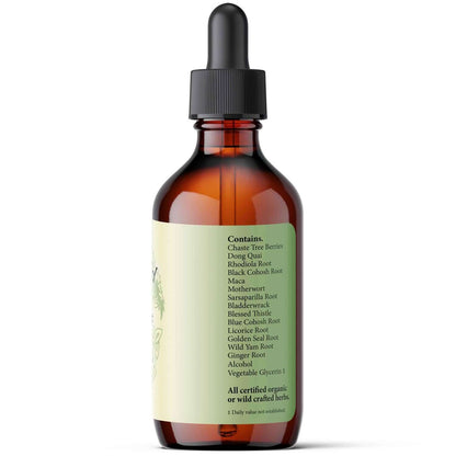 Meno-Ease Liquid Herbs for Midlife Comfort herbal tincture with ingredients list on bottle.