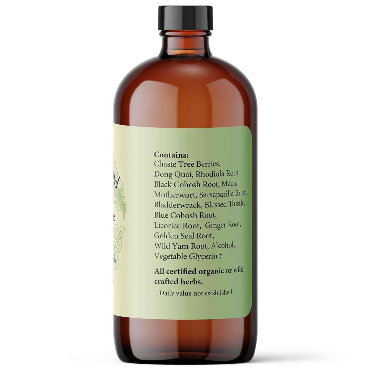 Meno-Ease liquid herbs for midlife comfort, featuring Chaste Tree Berries, Dong Quai, and more for hormonal support.