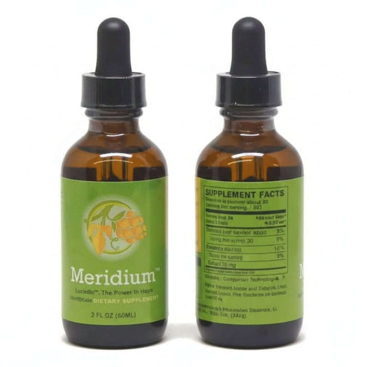 Meridium natural oxytocin support supplement bottle with detailed supplement facts label.