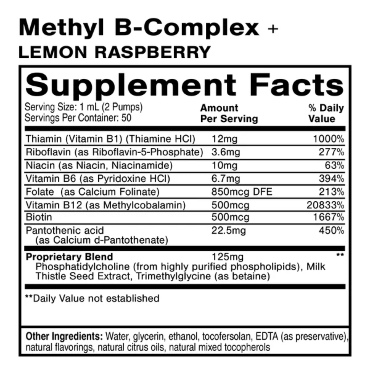 Supplement facts for Methyl B-Complex Nanoemulsified Vitamin with Lemon Raspberry flavor.