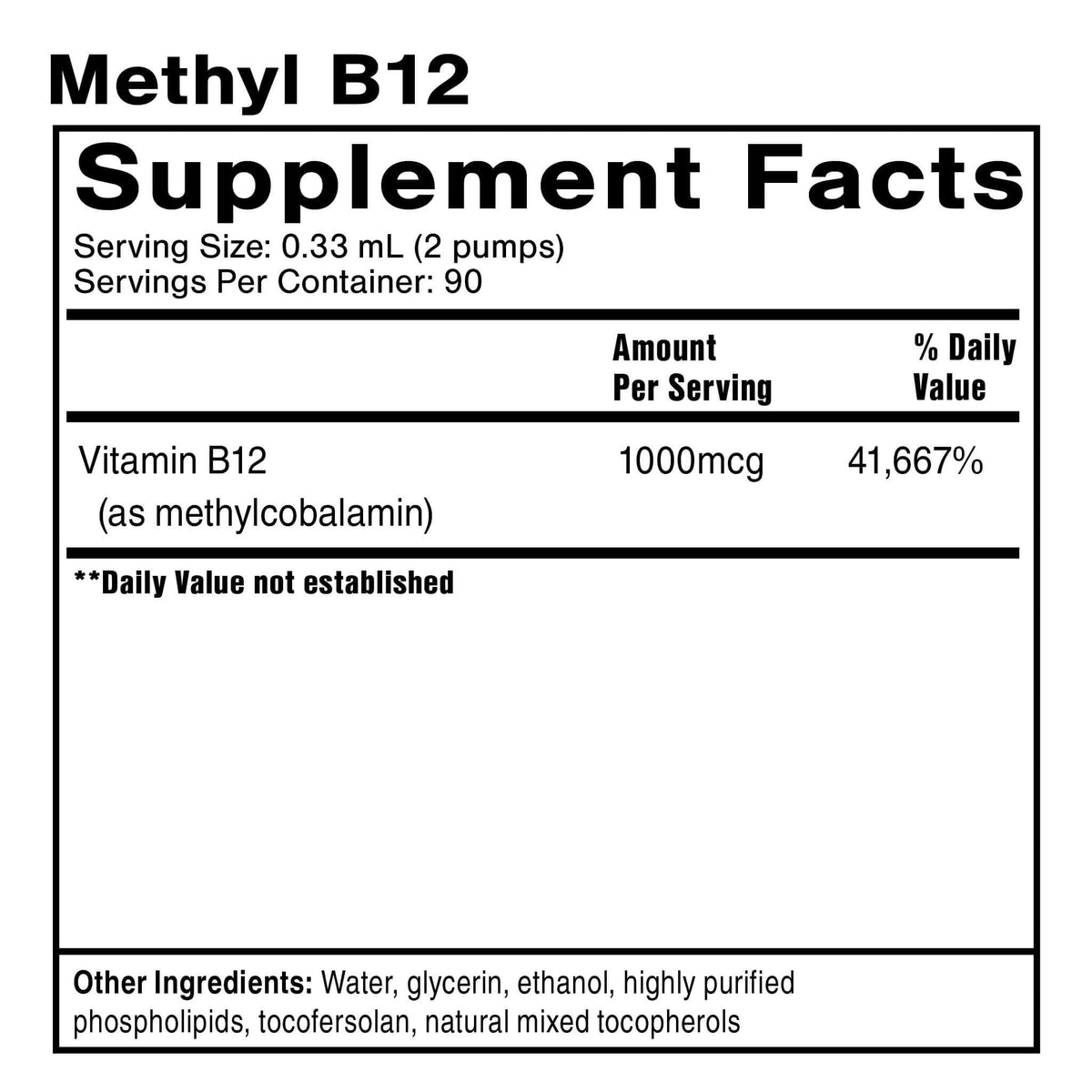Supplement facts label for Methyl B-12 Liposomal Vitamin, highlighting ingredients and nutritional information.
