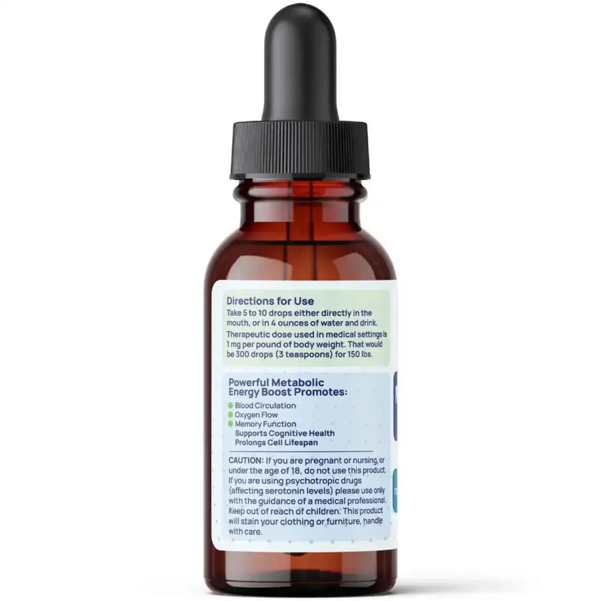 Methylene Blue Drops for Mitochondrial Energy Support, featuring directions and benefits for metabolic health.