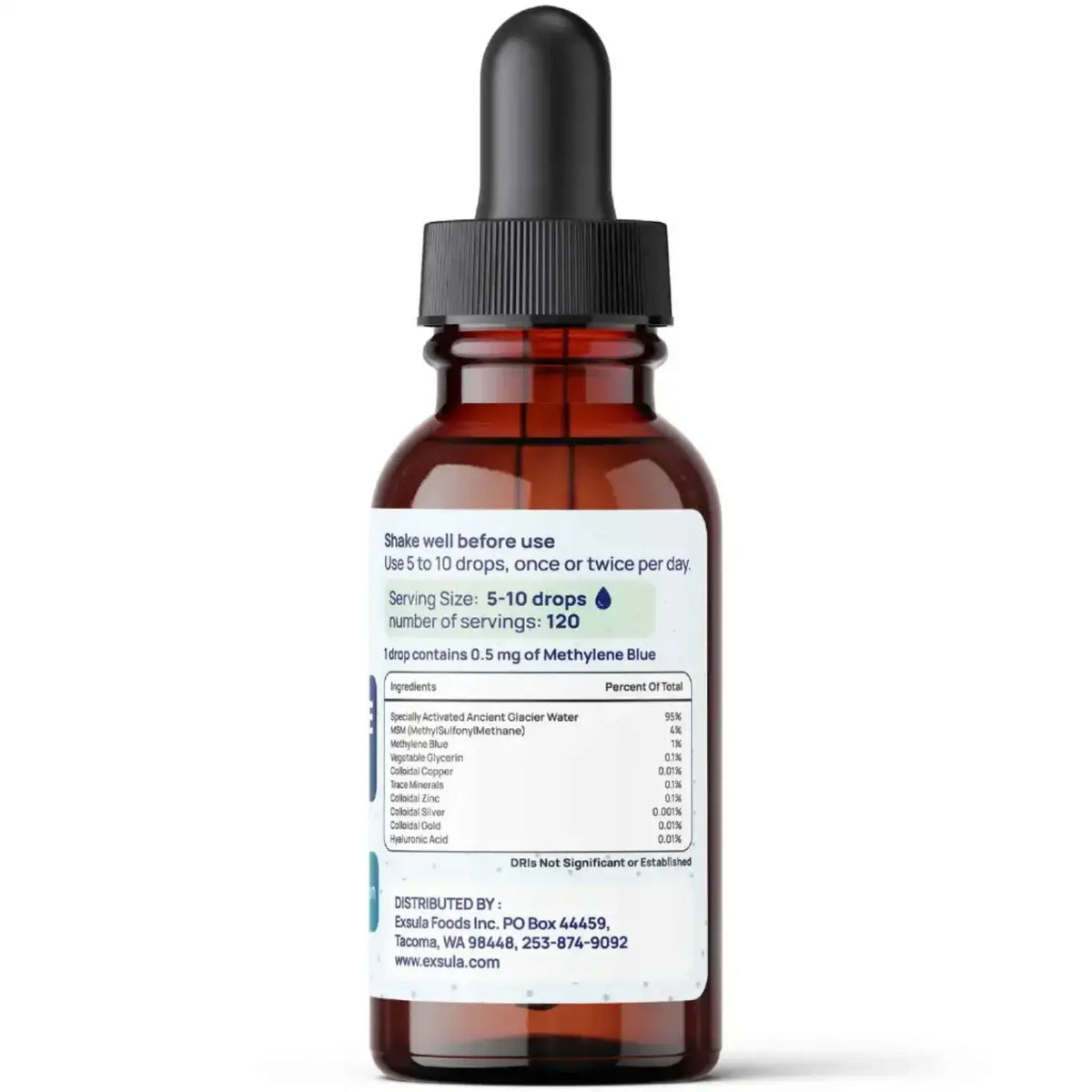 Methylene Blue Drops bottle with instructions for use and ingredient information, promoting Mitochondrial Energy Support.