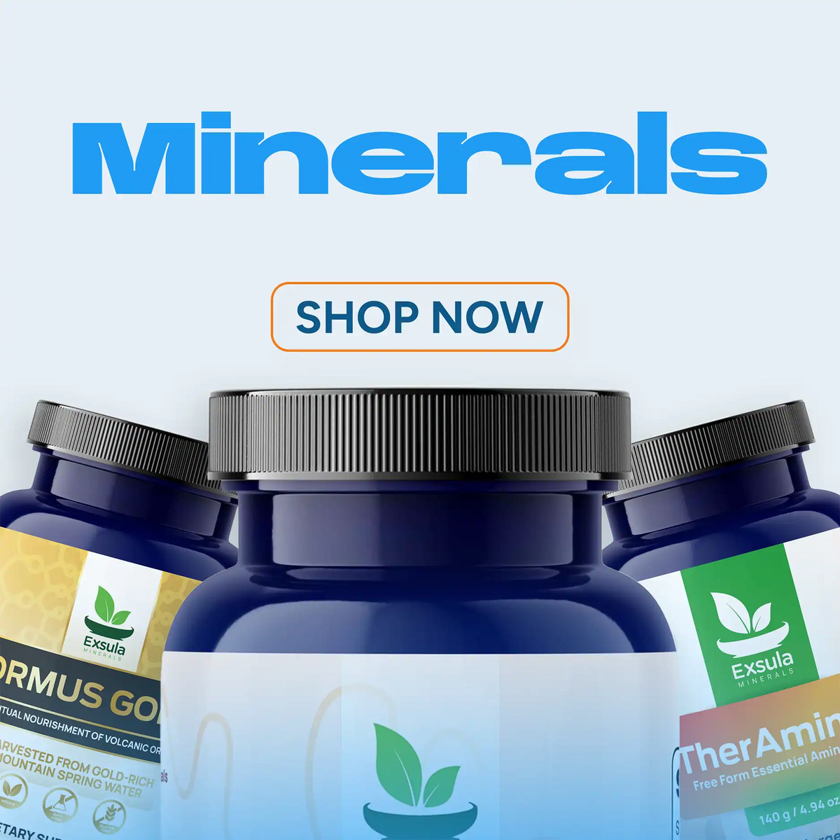 Minerals category banner and minerals supplement products with Exsula branding on a light blue background