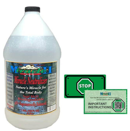 Miracle Neutralizer Liquid - Natural Alkaline Liquid Mineral bottle with instructions and caution sign.