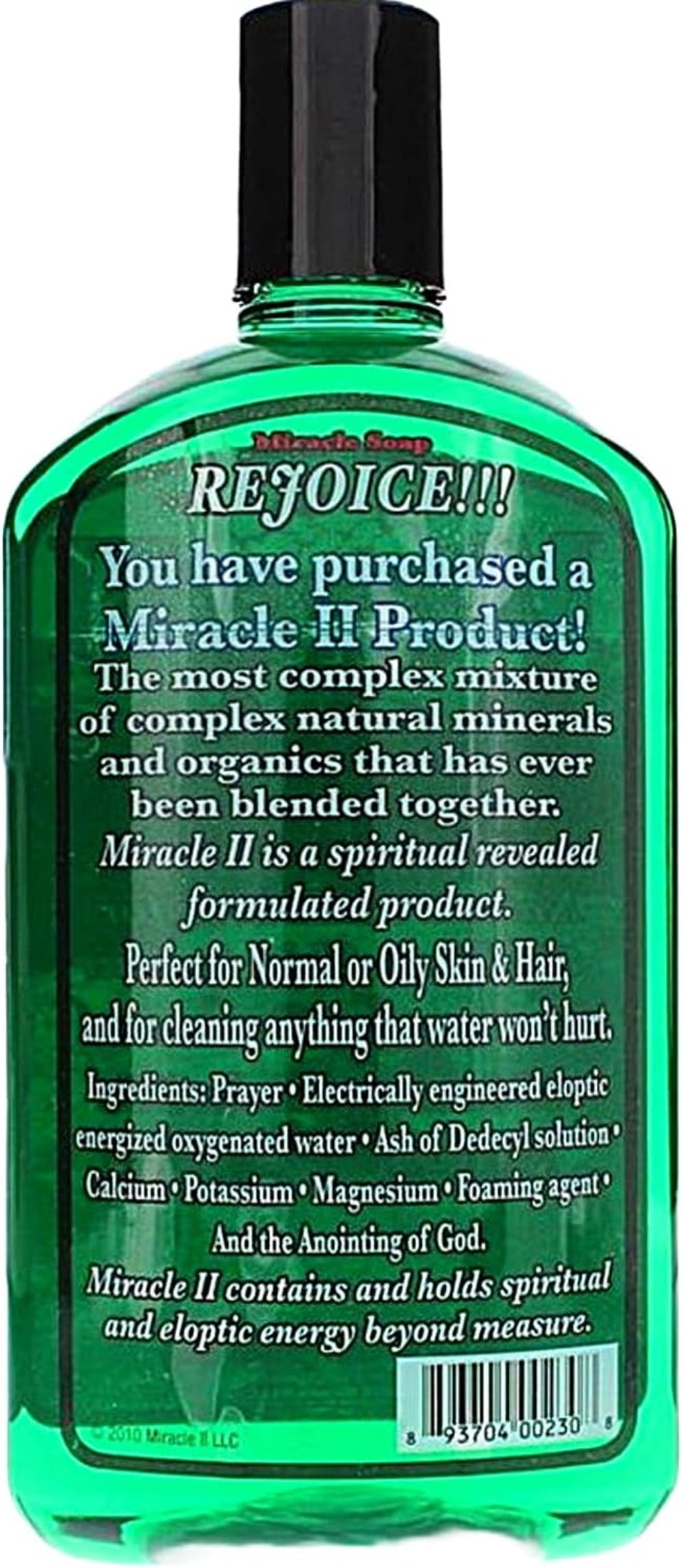Miracle Soap - Natural Soap Concentrate bottle with green liquid, promoting cleansing for skin and hair.