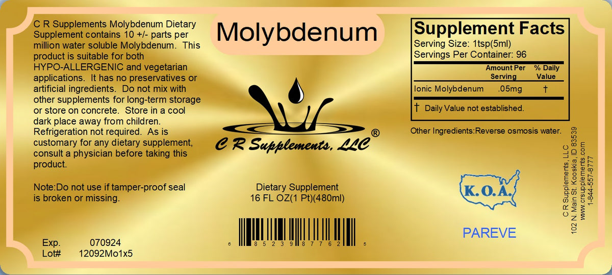 Molybdenum supplement label showing ionic liquid mineral details for detoxification and pH balance.
