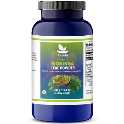 Exsula Organic Moringa Leaf Powder - Caffeine Free Natural Energy Booster in blue container, 300g.
