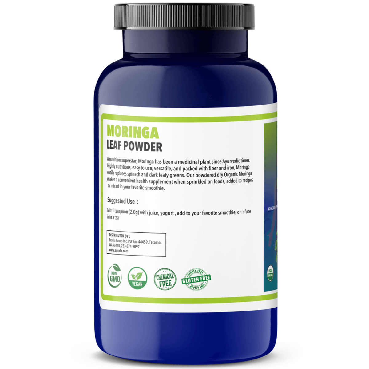 Moringa Leaf Powder - Caffeine Free Natural Energy Booster in a blue jar, promoting health benefits and nutritional value.