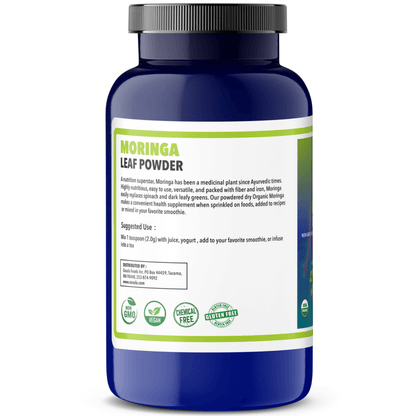 Moringa Leaf Powder - Caffeine Free Natural Energy Booster in a blue jar, promoting health benefits and nutritional value.
