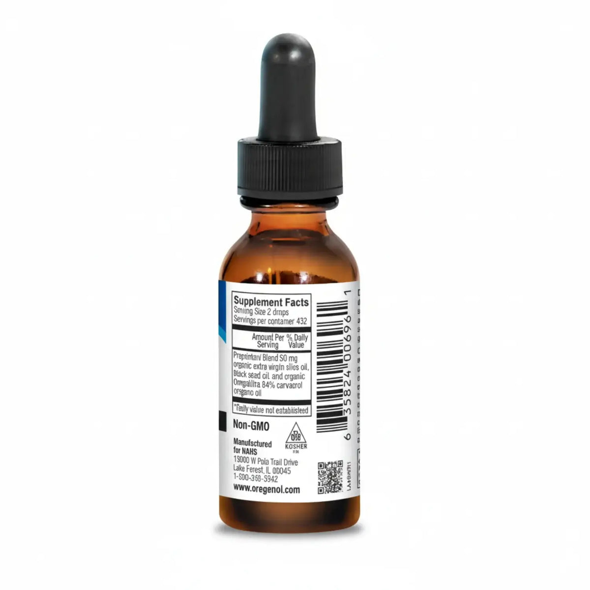 Oreganol P73 bottle with Supplement Facts label, featuring Edible Wild Oregano Oil Liquid for immune support.