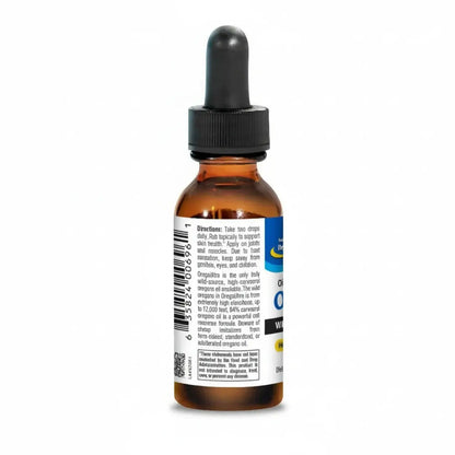 Edible Wild Oregano Oil Liquid bottle from North American Herb & Spice, featuring dropper and product instructions.
