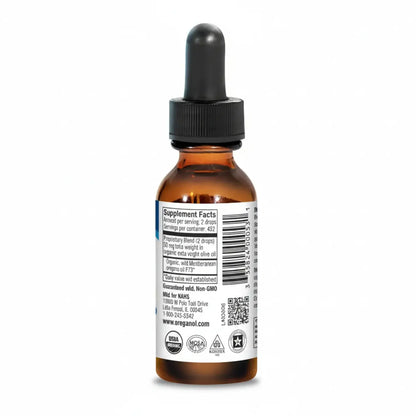 Oreganol P73 edible wild oregano oil liquid bottle with supplement facts on the label.