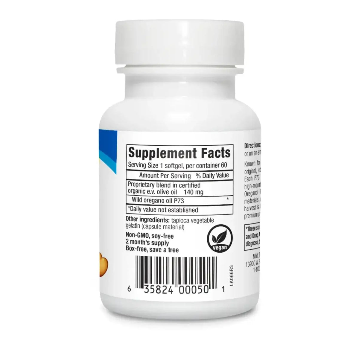 Supplement Facts of Edible Wild Oregano Oil Liquid, North American Herb & Spice Oreganol P73, 60 softgels.