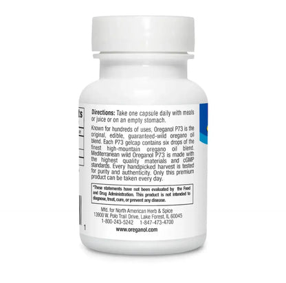Oreganol P73 edible wild oregano oil liquid supplement bottle with dosage instructions.