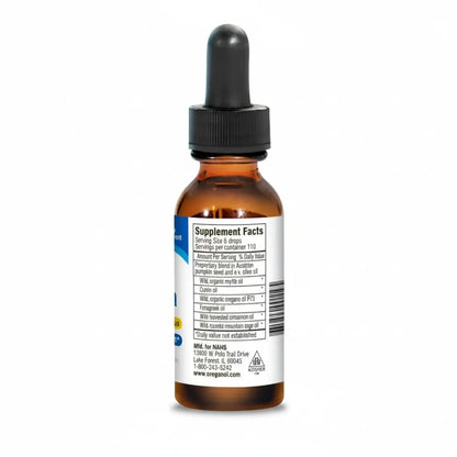 Bottle of Oregulin supplement with dosage and ingredient information, featuring P73 Oregano Metabolic Formula.
