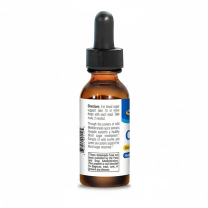 P73 Oregano Metabolic Formula dropper bottle for blood sugar support with clear instructions.