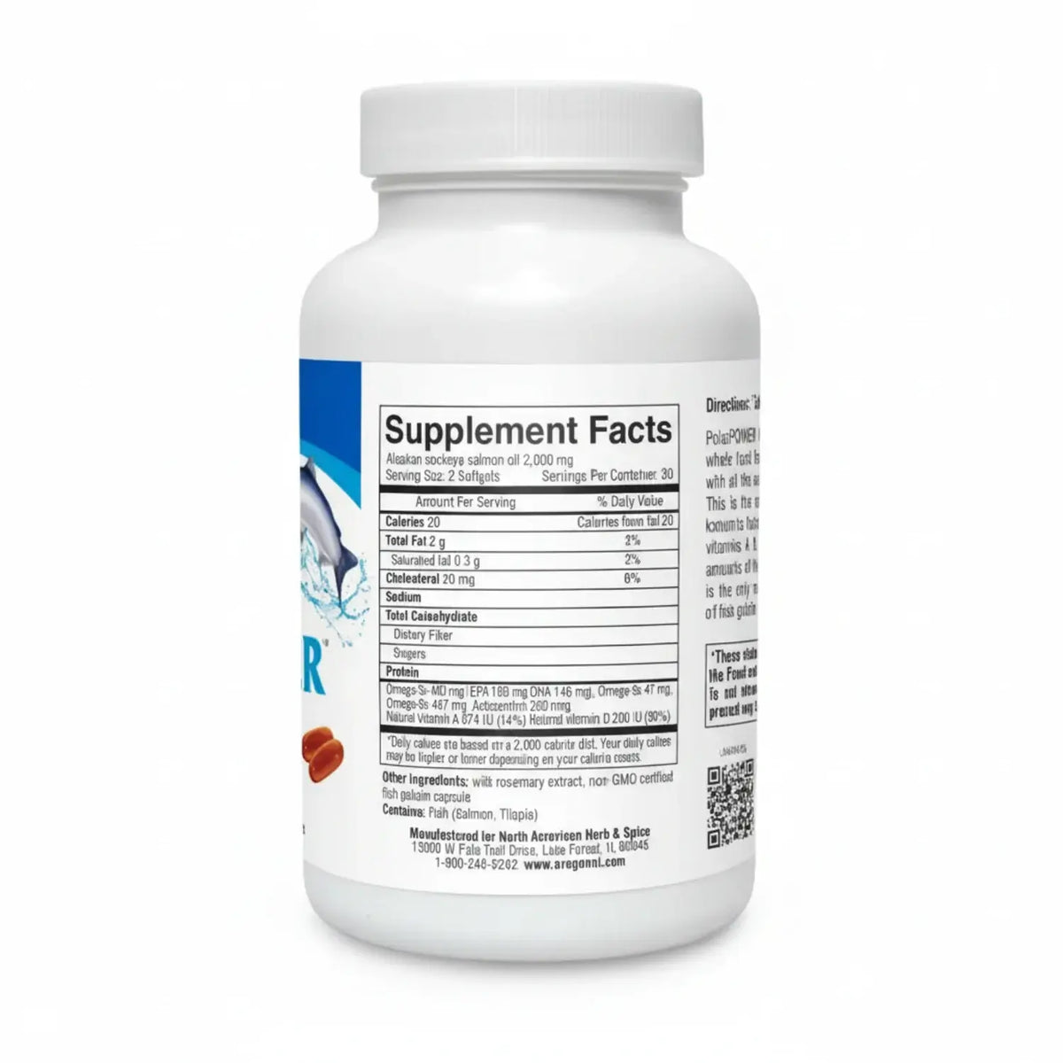 Supplement facts label for PolarPOWER Raw Wild Sockeye Salmon Oil supplement highlighting nutritional information.