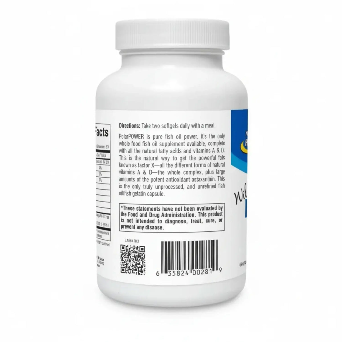 PolarPOWER Raw Wild Sockeye Salmon Oil supplement bottle with dosage directions and nutrition facts.