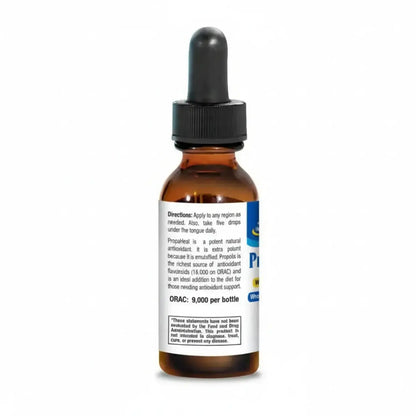 PropaHeal Raw Emulsified Bee Propolis dropper bottle with dosage instructions and antioxidant information.