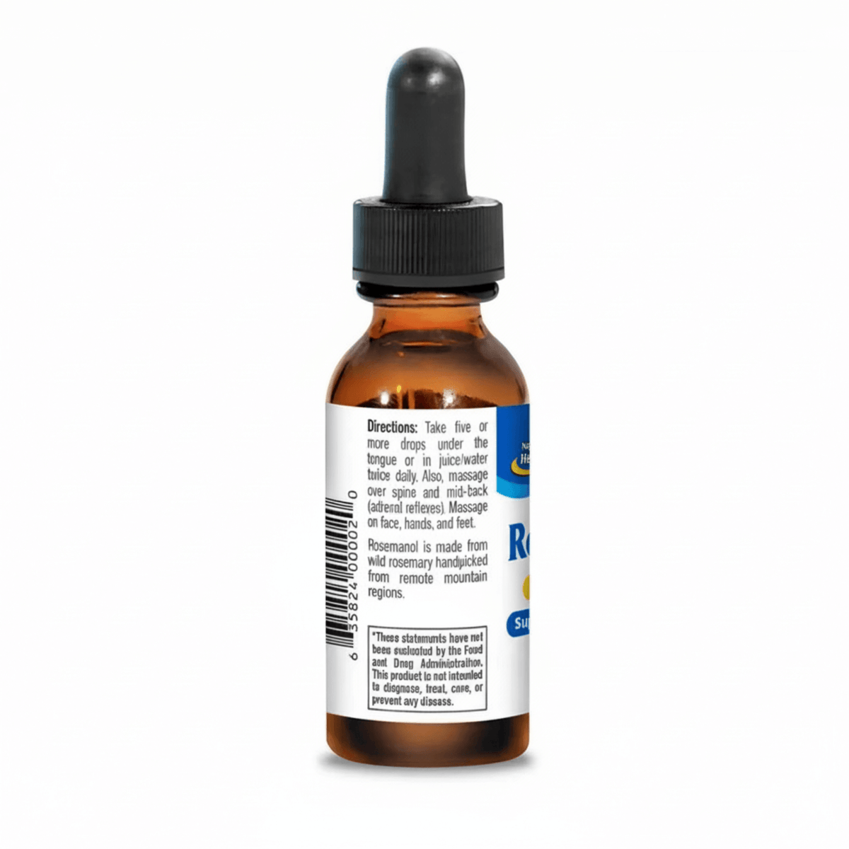 High Mountain Wild Rosemary Oil dropper bottle showing directions for use and product information.