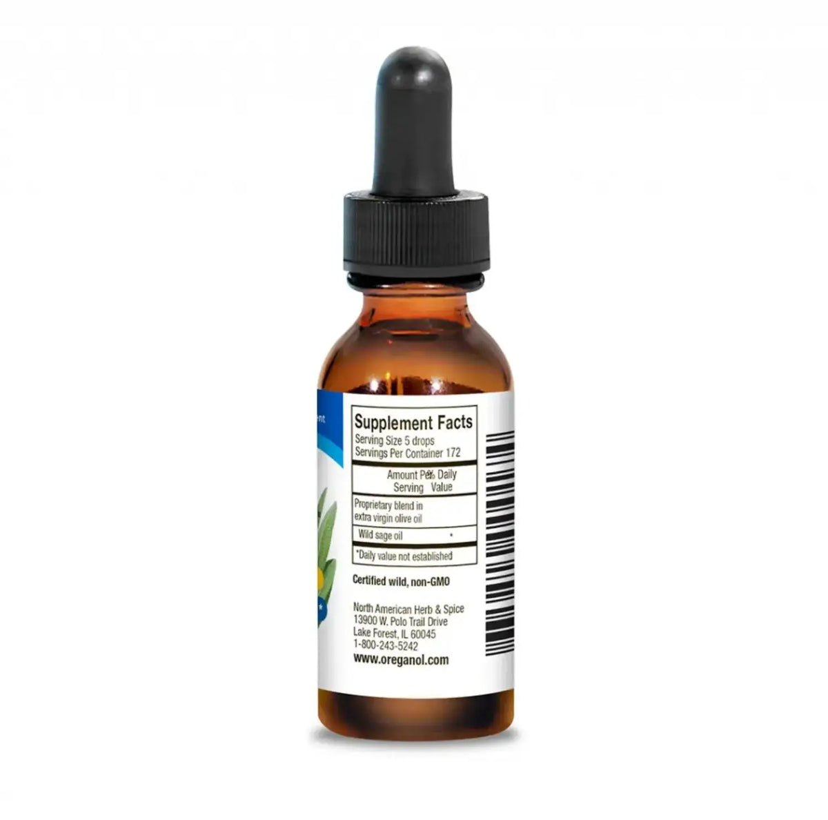 Sagenol Wild Sage Oil supplement facts label on an amber dropper bottle.