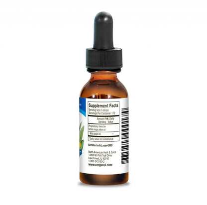 Sagenol Wild Sage Oil supplement facts label on an amber dropper bottle.