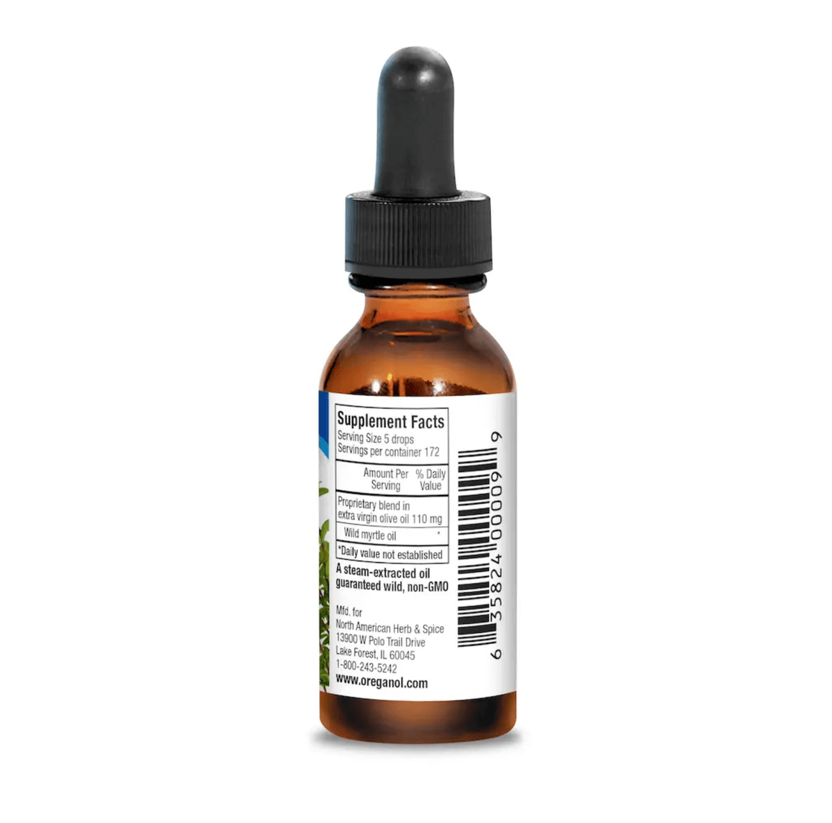 Wild Mediterranean Myrtle Oil Liquid bottle with supplement facts label visible.