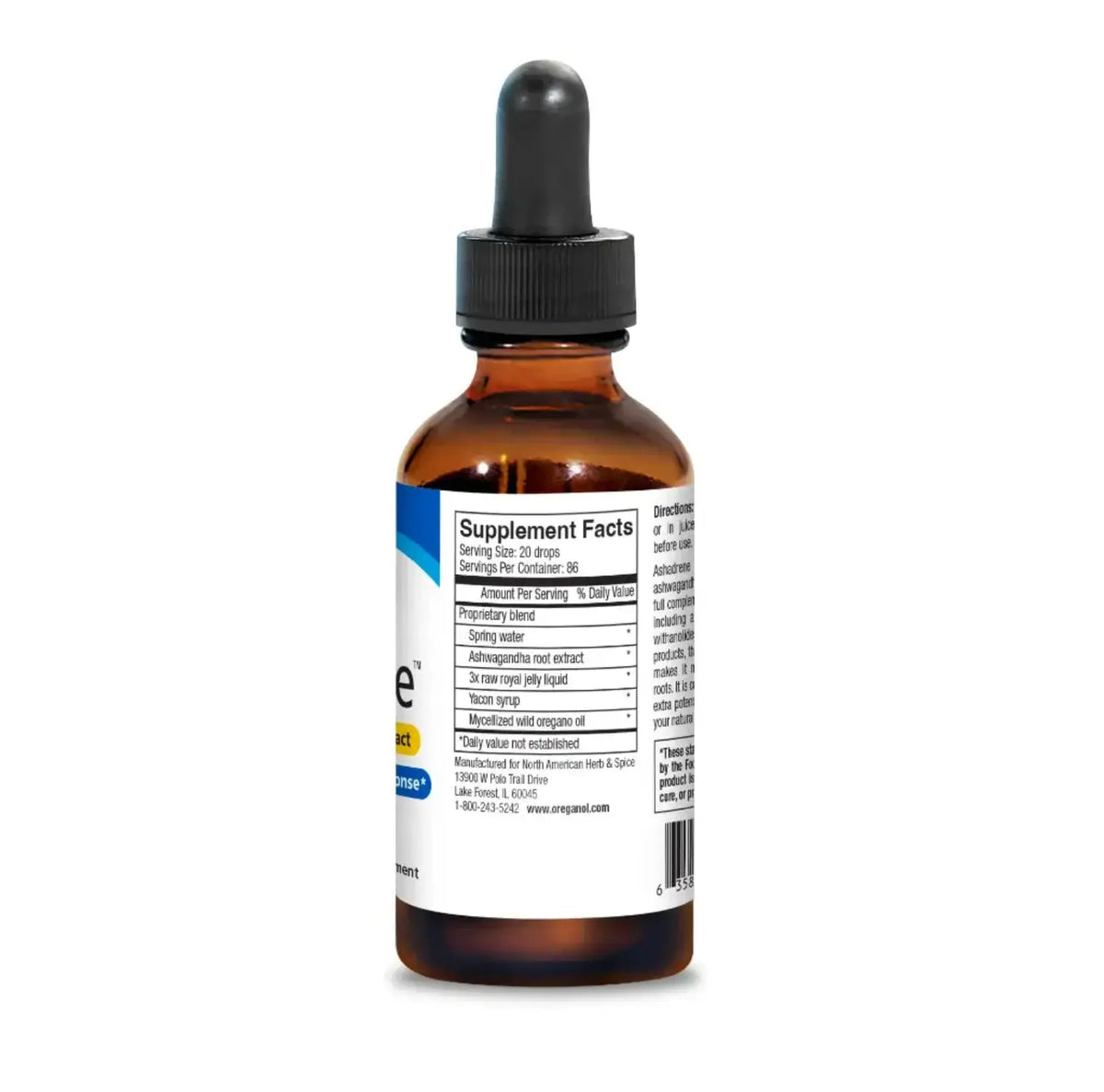 Ashadrene - Ashwagandha and Royal Jelly adrenal support liquid supplement bottle with dosage instructions.