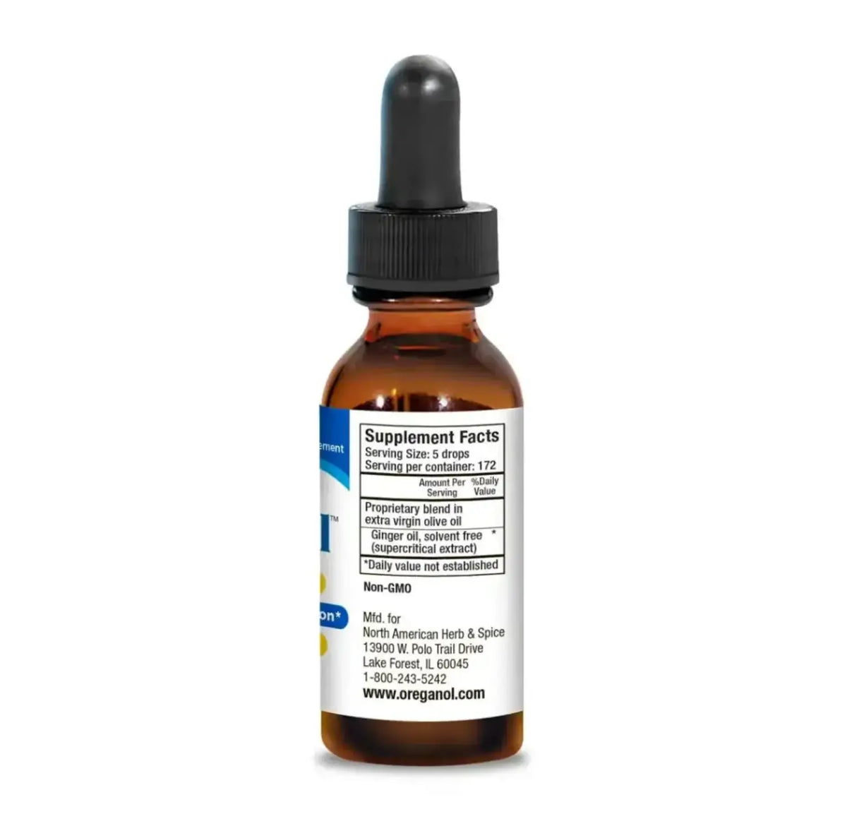 Gingerol - Ginger Oil for Healthy Digestion supplement bottle with dropper and supplement facts label.