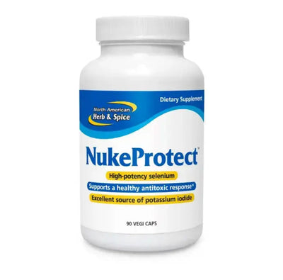 NukeProtect - Pharmaceutical Grade Potassium Iodide dietary supplement bottle with high-potency selenium and 90 vegi caps.