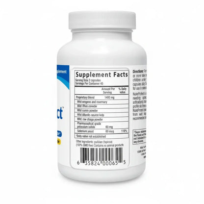 NukeProtect Pharmaceutical Grade Potassium Iodide supplement facts label showing ingredients and nutritional information.