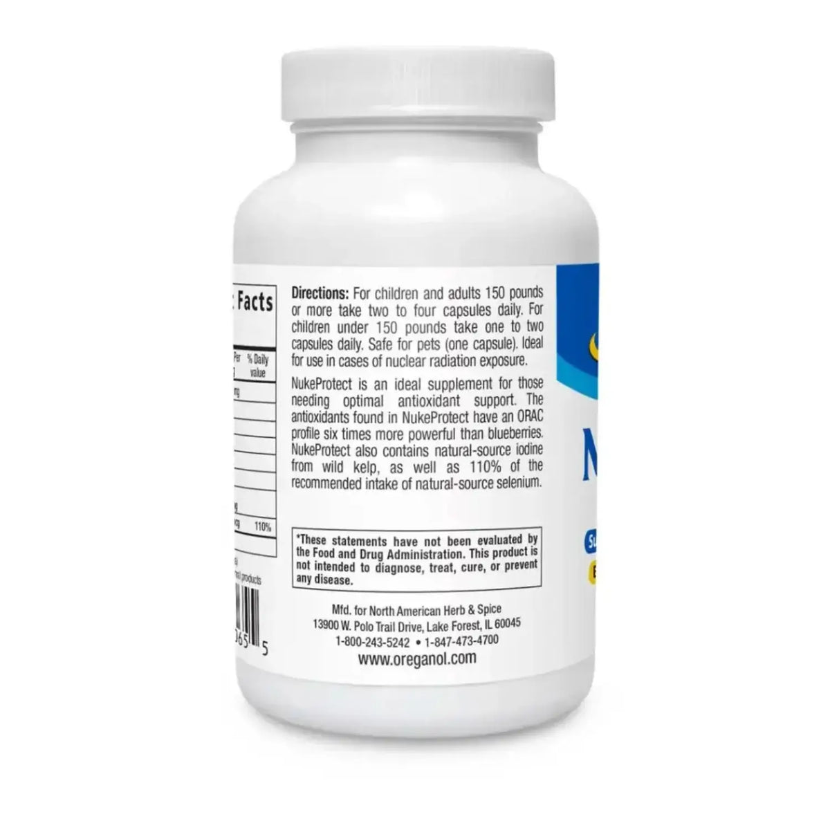 NukeProtect supplement bottle featuring Pharmaceutical Grade Potassium Iodide for environmental toxin defense.