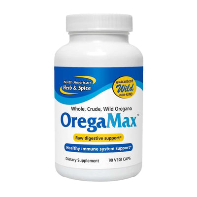 OregaMax Wild Whole Herb Oregano Capsules bottle, a dietary supplement for immune support and digestive health.
