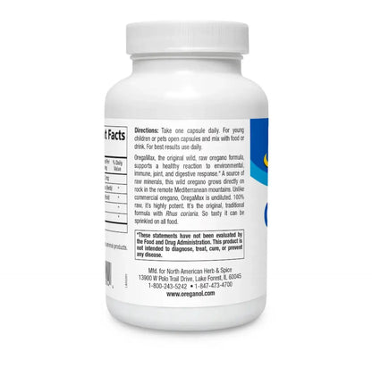 OregaMax Wild Whole Herb Oregano Capsules bottle side view with product information and directions.