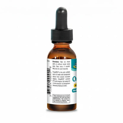 OregaRESP bottle for Wild Oregano Immune and Respiratory Support, showcasing dosage instructions and benefits.