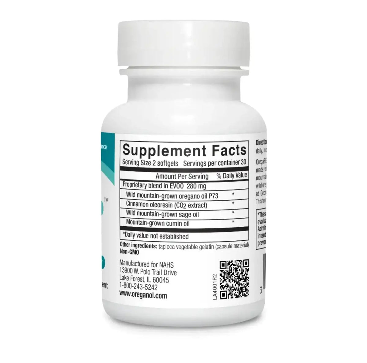 Supplement facts for OregaRESP Wild Oregano Immune and Respiratory Support softgels in a white bottle.