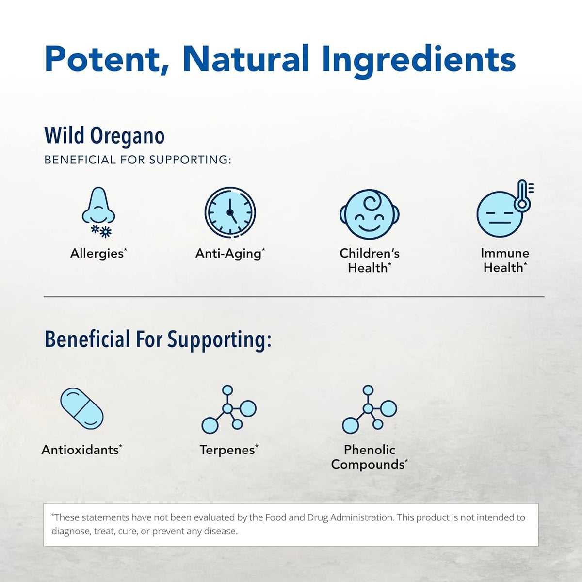 Infographic showing benefits of Wild Mediterranean Oregano Powder for allergies, anti-aging, children's health, and immune health.